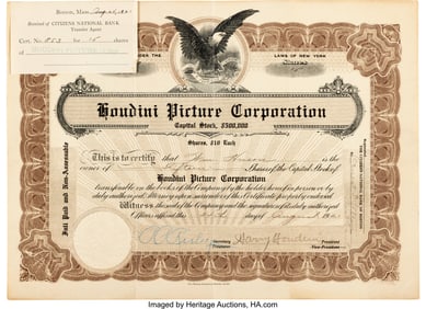 38004&colon; Harry Houdini Signed Stock Shares Certificate &lpar;c