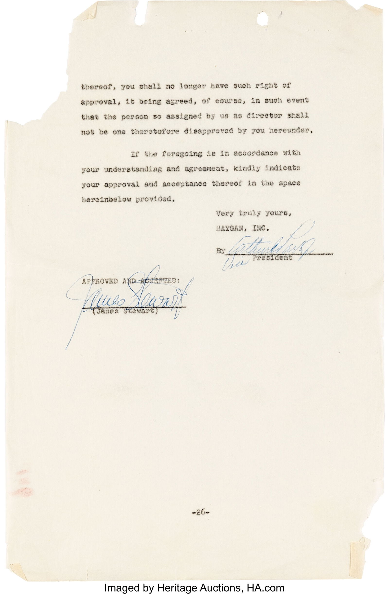 Rear Window (Paramount, 1954), James Stewart "L.: Rear Window (Paramount, 1954), James Stewart "L.B. Jeffries" Signed Film Contract. Vintage original 26-page contract typewritten on 8.5" x 13" carbon