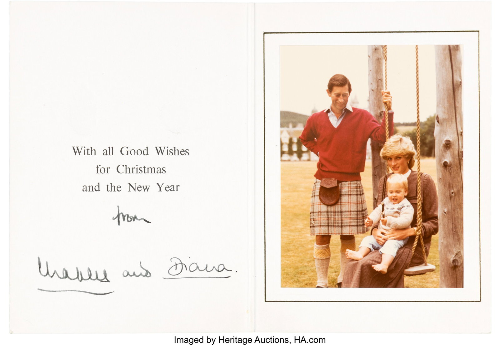 Princess Diana and King Charles Signed Royal Fam: Princess Diana and King Charles Signed Royal Family Christmas Card (ca. 1980s). Original Royal Christmas card with the crests of the Prince and Princess of Wales on the front&c