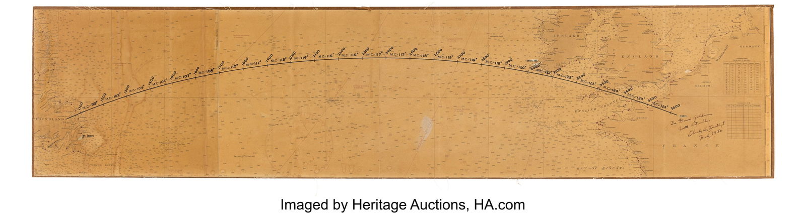 The Spirit of St. Louis (Warner Bros., 1957), Sc: The Spirit of St. Louis (Warner Bros., 1957), Screen-Matched Map Used to Chart Lindbergh's Path Across the Atlantic Signed by James Stewart and Charles Lindbergh&pe