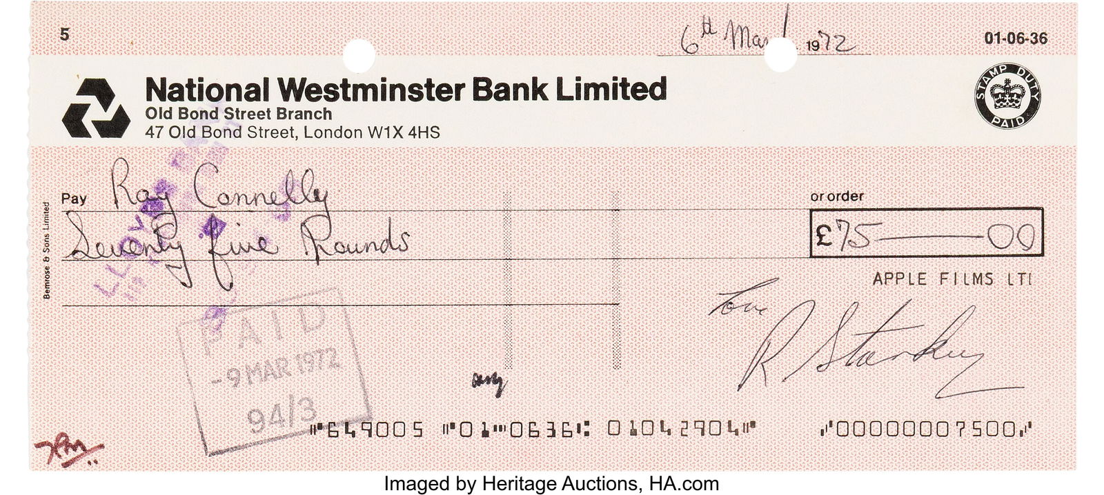 (The Beatles) George Harrison & Ringo Starr Sign: (The Beatles) George Harrison & Ringo Starr Signed Checks UK (August 24, 1970 and March 6, 1972). Two printed National Westminster Bank Limited 8" x 3&period