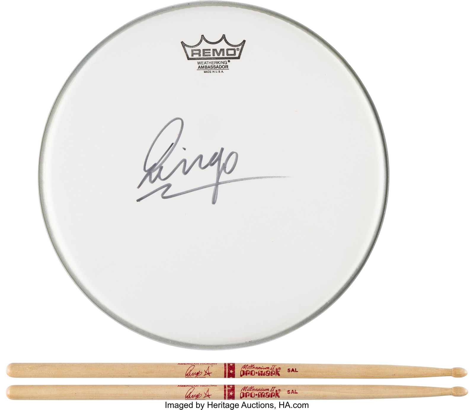 (The Beatles) Ringo Starr Signed Drum Head Plus: (The Beatles) Ringo Starr Signed Drum Head Plus (2) Pro-Mark Drumsticks. Offered here is a set from Ringo Starr, including a Remo brand drum head, boldly signed