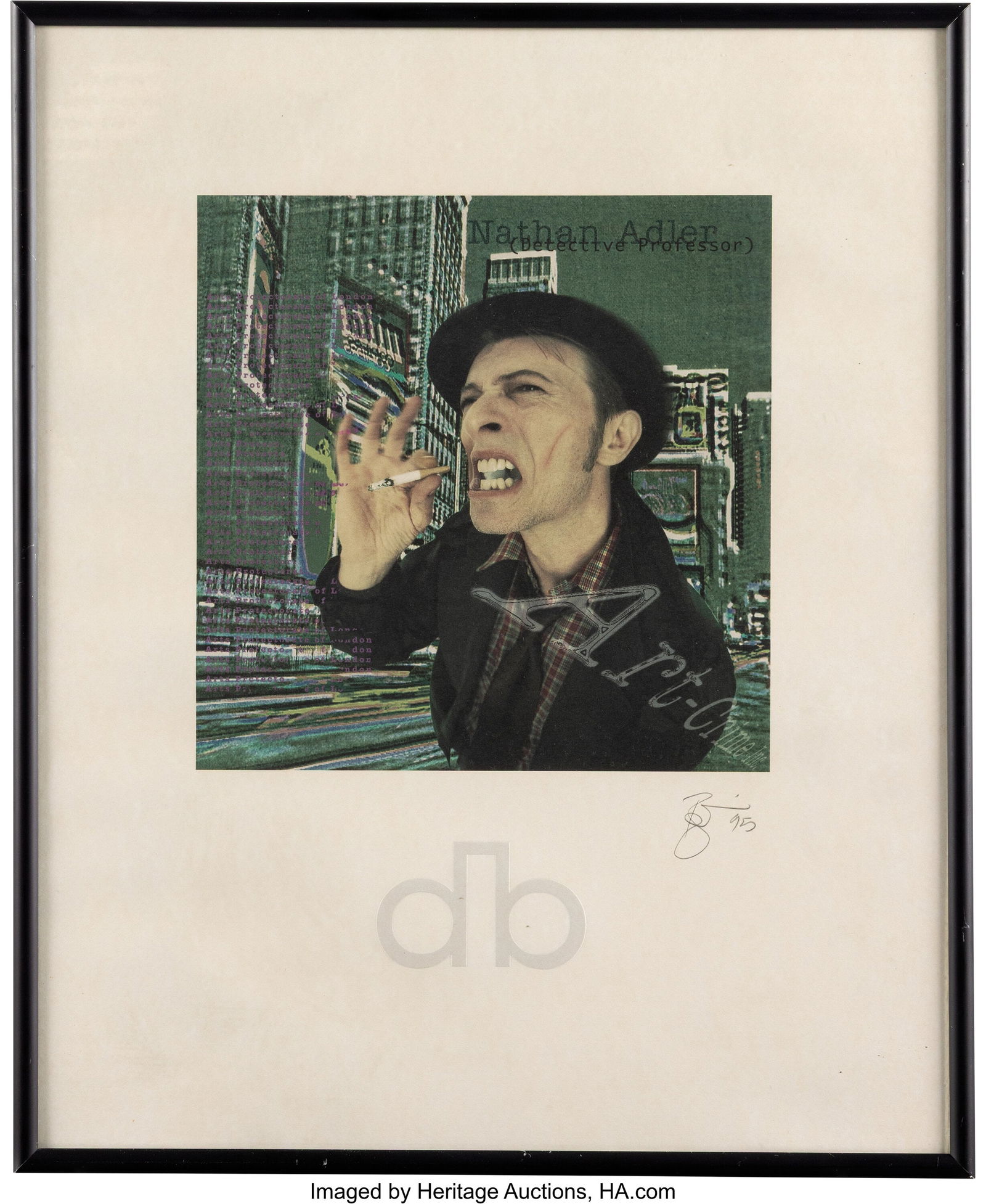 David Bowie Signed "Nathan Adler (Detective Prof: David Bowie Signed "Nathan Adler (Detective Professor)" Lithograph (1995). On flat stock, with stylized raised "DB" at bottom center, signed and dated by Bowie i