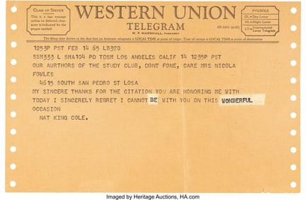 38607&colon; Nat King Cole Sent Western Union Telegram Sent D