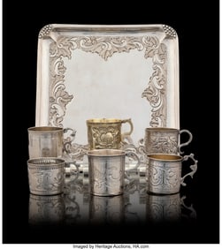 84009&colon; A Set of Six Russian Silver Cups with Tray Some 