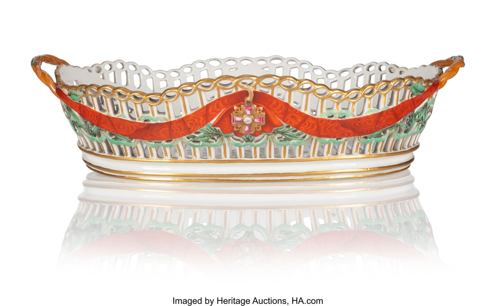 A Large Russian Porcelain Reticulated Basket fro: A Large Russian Porcelain Reticulated Basket from the Order of St. Alexander Nevsky Service Gardner Porcelain Factory, Verbilki, 18th century 3-3/4 x 14 x 10-3/8 inches &lpa