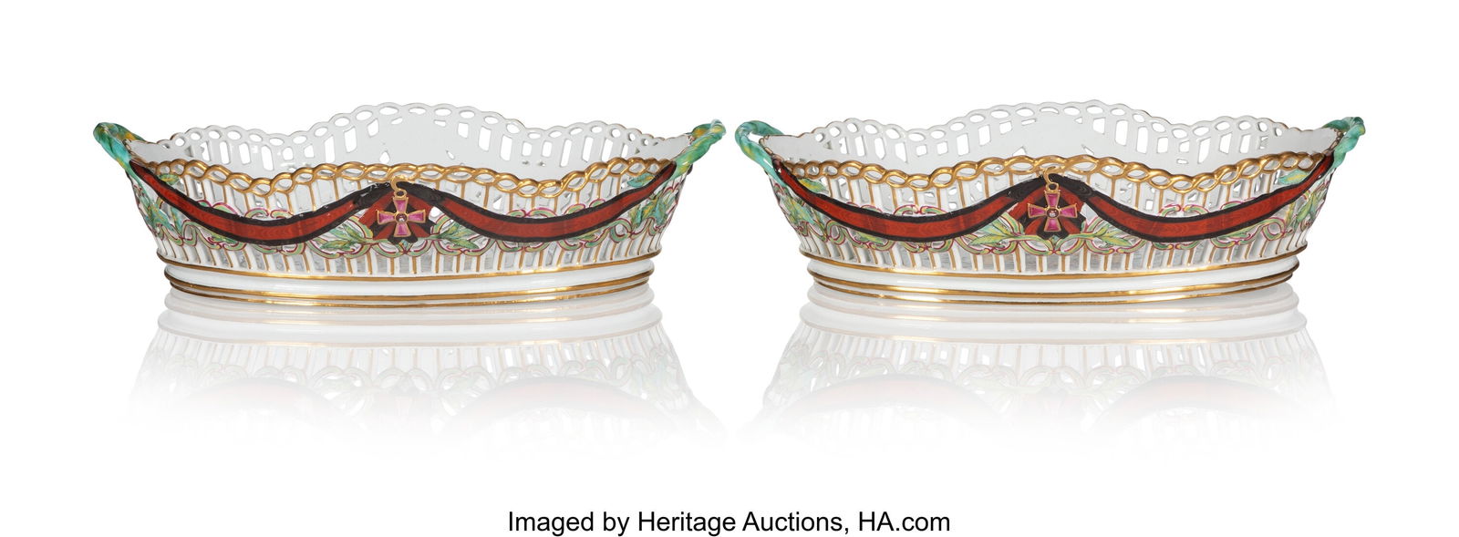 A Pair of Large Russian Porcelain Reticulated Ba: A Pair of Large Russian Porcelain Reticulated Baskets from the Order of St. Vladimir Service Gardner Porcelain Factory, Verbilki, Period of Catherine II (1746-1798),