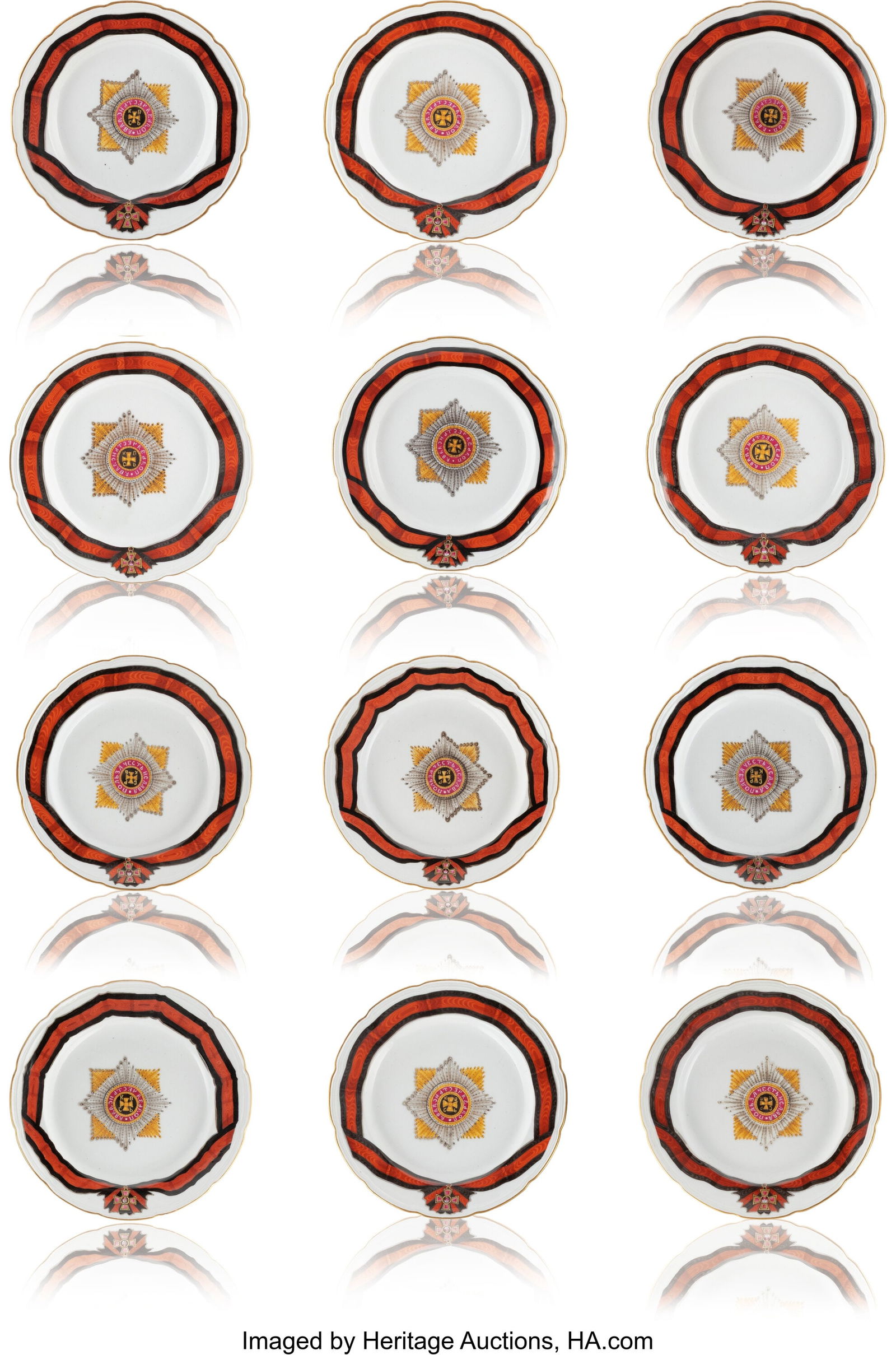 Twelve Russian Porcelain Dinner Plates from the: Twelve Russian Porcelain Dinner Plates from the St. Vladimir Service Gardner Porcelain Factory, Verbilki, Period of Catherine II (1746-1798), circa 1785, two w