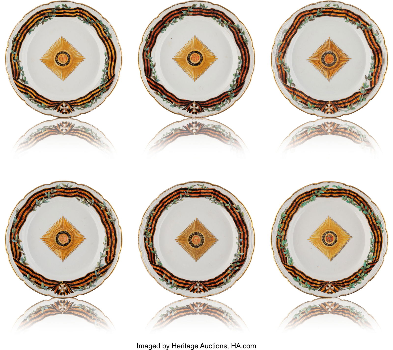 Six Russian Porcelain Dining Plates from the Ord: Six Russian Porcelain Dining Plates from the Order of St. George Service Gardner Porcelain Factory, Verbilki, Period of Catherine II (1746-1798), circa 1790 9-3/