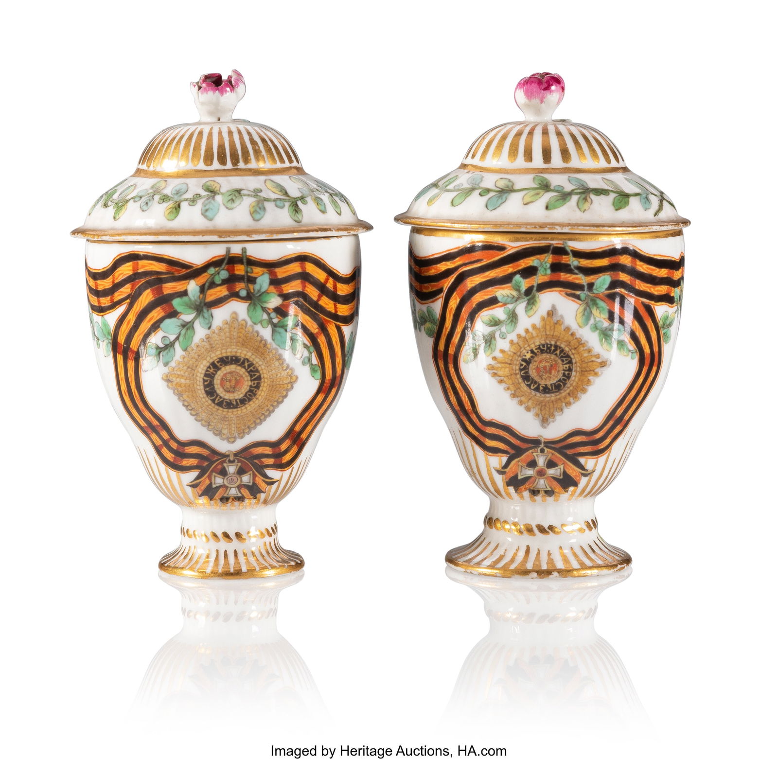 A Pair of Russian Porcelain Covered Cups from th: A Pair of Russian Porcelain Covered Cups from the Order of St. George Service Gardner Porcelain Factory, Verbilki, Period of Catherine II (1746-1798), circa 1780 4-1