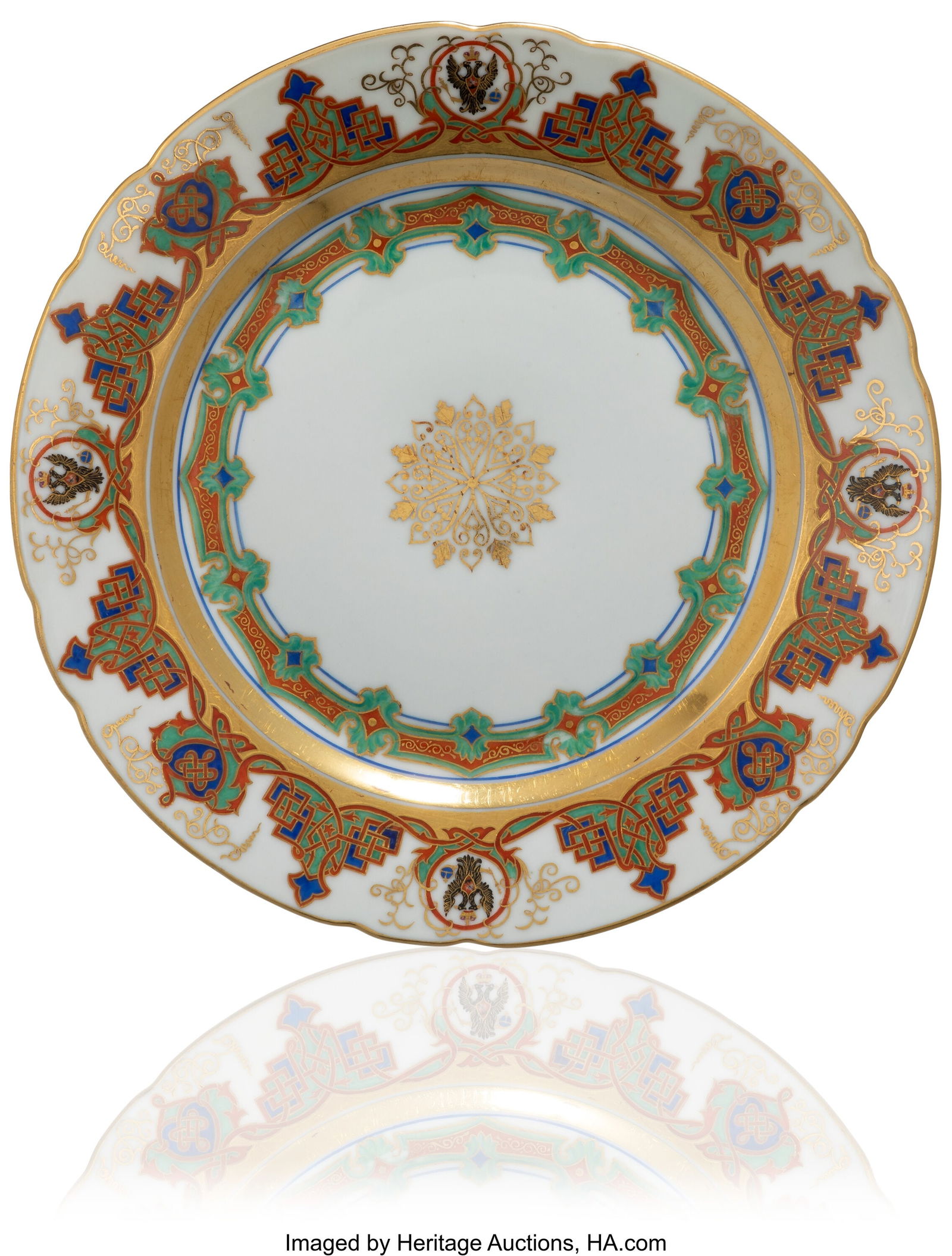 A Russian Porcelain Dinner Plate from the Kremli: A Russian Porcelain Dinner Plate from the Kremlin Service Imperial Porcelain Factory, St. Petersburg, Period of Nicholas I (1825-1855), circa 1850, and with re