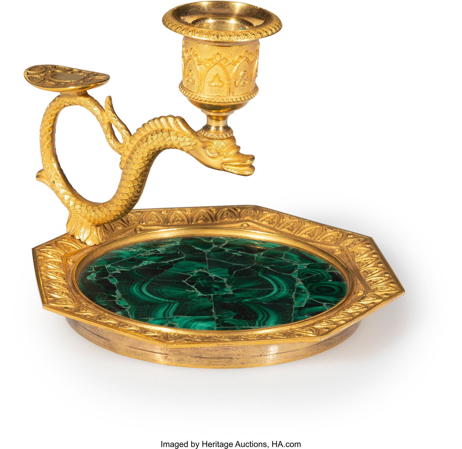 A Russian Neoclassical Malachite Mosaic and Gilt: A Russian Neoclassical Malachite Mosaic and Gilt Bronze Chamberstick Likely St. Petersburg, circa 1800 4-5/8 x 6 x 5-1/8 inches (11.7 x 15.2 x 13.0 cm&rp