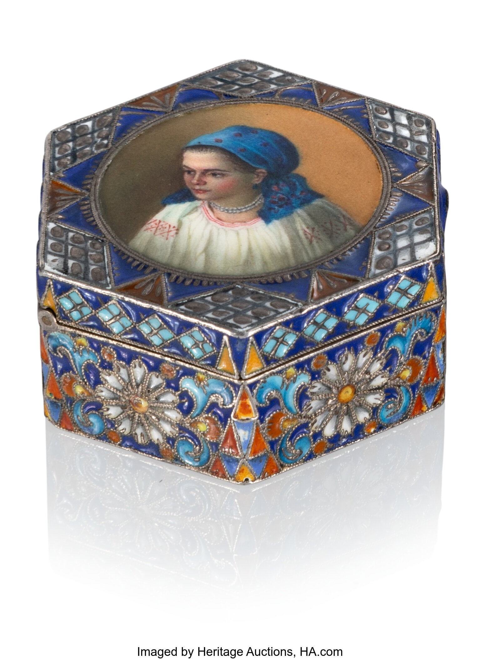 A Russian Shaded En Plein Enameled Gilt Silver B: A Russian Shaded En Plein Enameled Gilt Silver Box: Maiden Fabergé, Feodor Rückert, Moscow, 1908-1917 0-3/4 x 1-7/8 x 1-5/8 inches (1.9 x 4&