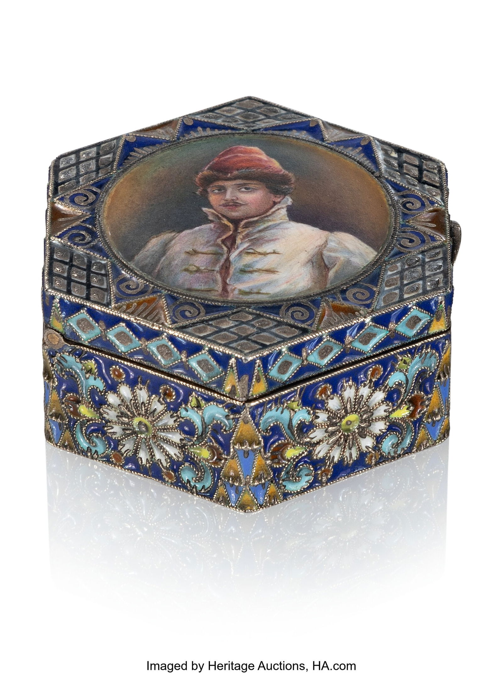 A Russian En Plein and Cloisonné Enameled Gilt: A Russian En Plein and Cloisonné Enameled Gilt Silver Pill Box: Falconer Fabergé, Attributed to Feodor Rückert. Moscow, 1908-1917, with scratched inve