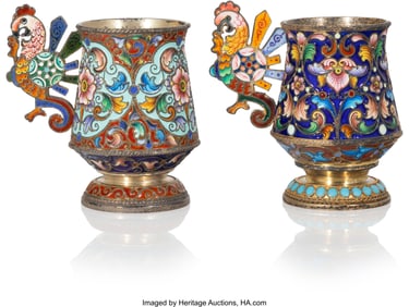 69087: A Pair of Russian Cloisonné Enameled Gilt Silve