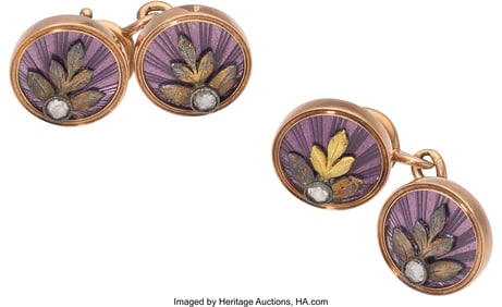 69110: A Fabergé Pair of Gem-Set Lilac Enameled Gold C