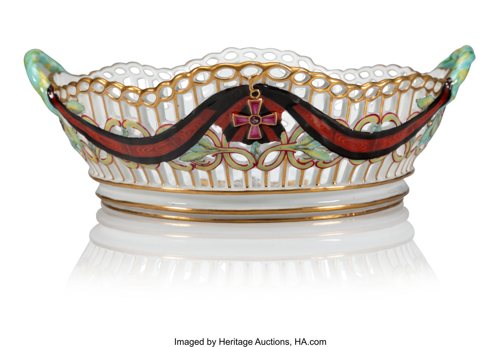 A Russian Porcelain Reticulated Basket from the: A Russian Porcelain Reticulated Basket from the Order of St. Vladimir Service Gardner Porcelain Factory, Verbiljki, Period of Catherine II (1762-1796), circa 1783-17