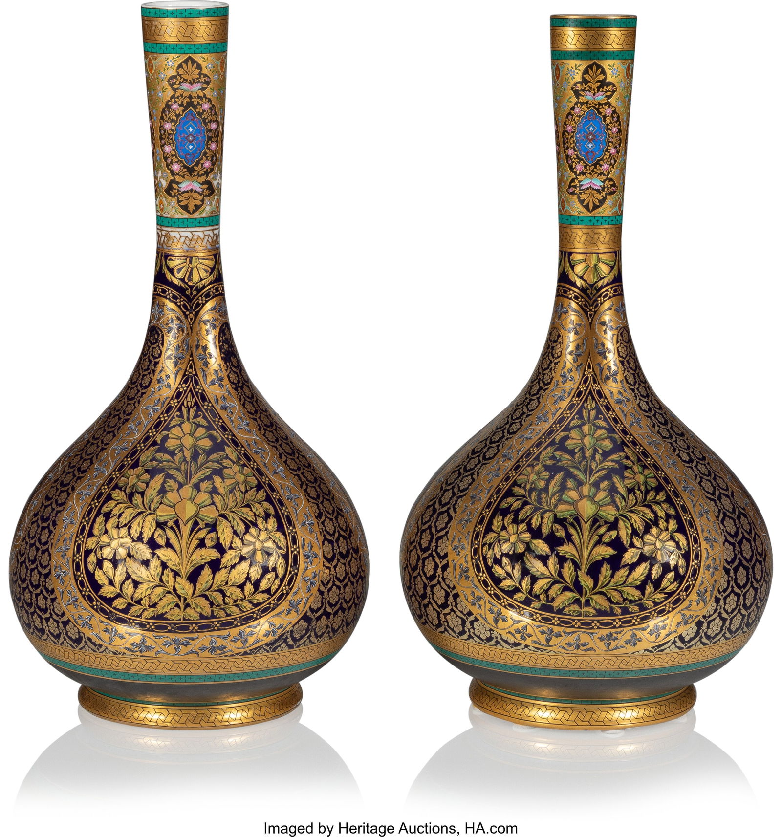 A Rare Pair of Russian Porcelain Vases in the Pe: A Rare Pair of Russian Porcelain Vases in the Persian Taste Imperial Porcelain Factory, St. Petersburg, Period of Alexander II (1855-1881), circa 1877 18 x 9 inches