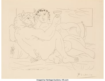 41051&colon; Pablo Picasso (1881-1973) Minotaure, une coupe à la main, et jeune femme, from La