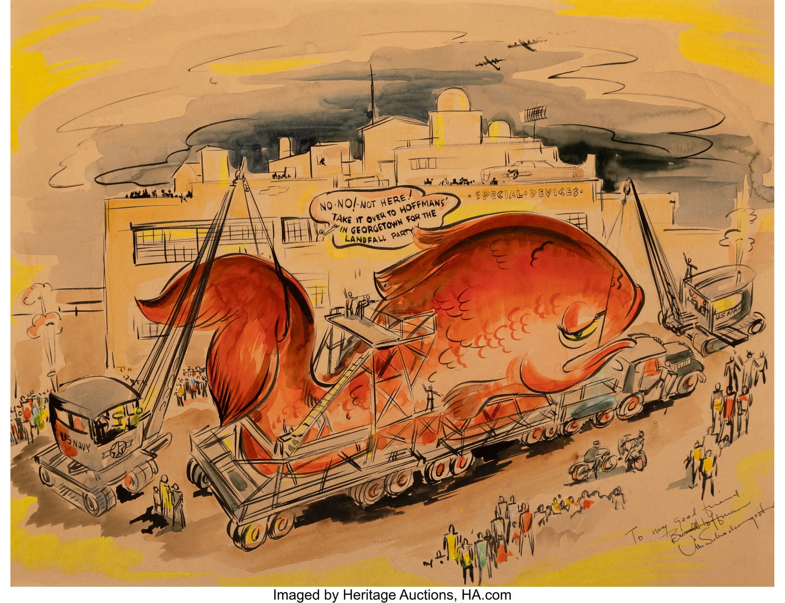 Viktor Schreckengost (American, 1906-2008) No-NO: Viktor Schreckengost (American, 1906-2008) No-NO! Not Here! Take it Over to Hoffmans' In Georgetown for the Landfill Party USA, circa 1944 Watercolor on board 13-3/