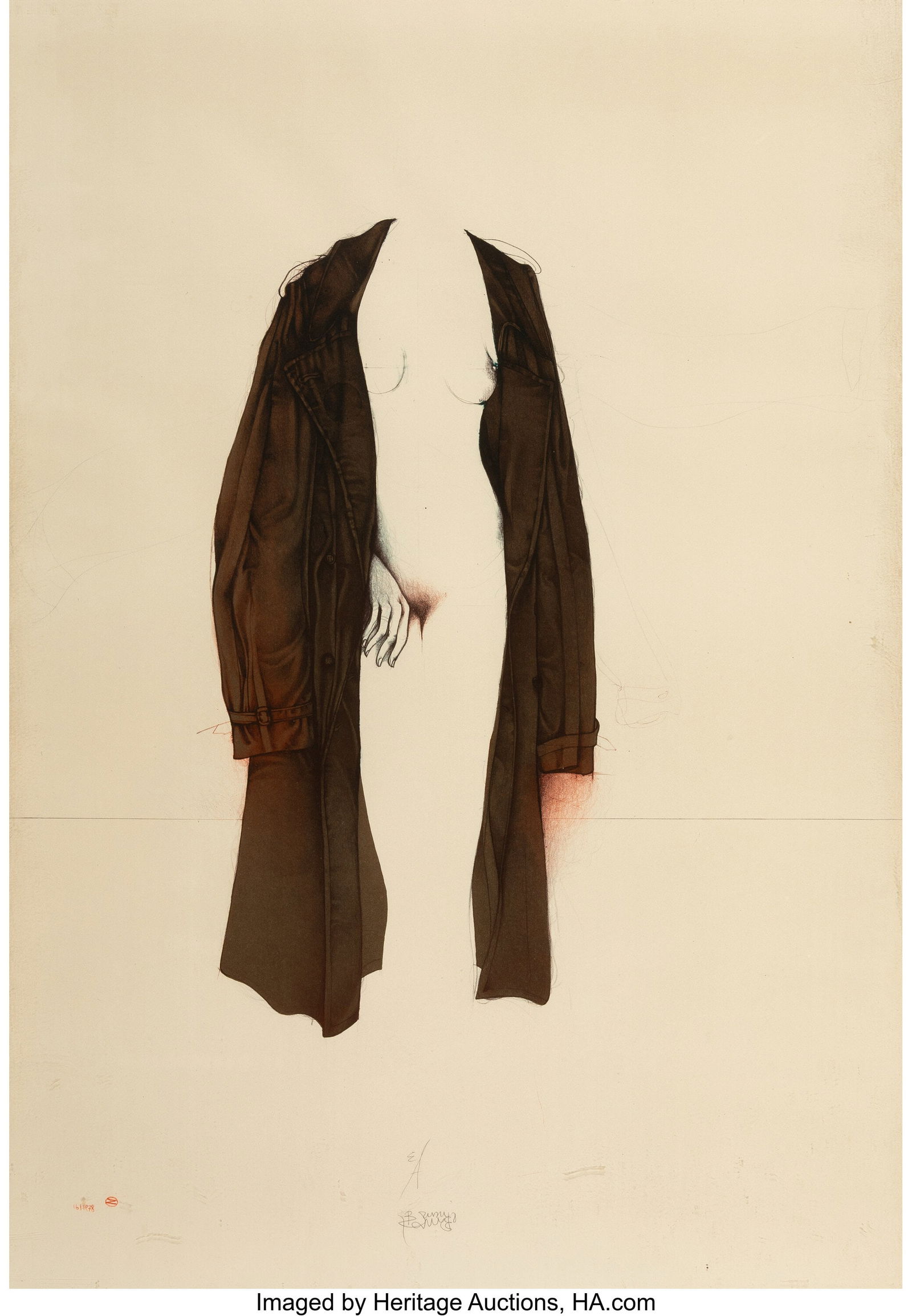 Bruno Bruni (Italian, b. 1935) Nude Woman in Coa: Bruno Bruni (Italian, b. 1935) Nude Woman in Coat, 1978 Lithograph in colors on paper 38-1/2 x 27 inches (97.8 x 68.6 cm) (sheet) E&p