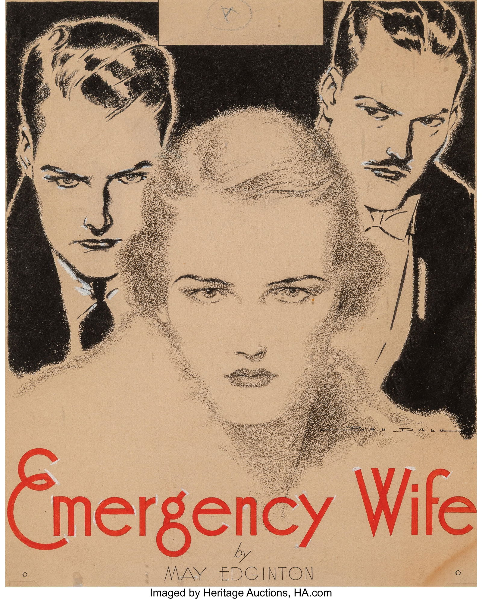 Benjamin Moran Dale (American, 1889-1951) Emerge: Benjamin Moran Dale (American, 1889-1951) Emergency Wife alternate book cover, 1937 Mixed media on paper 12-3/4 x 10-1/4 inches (32.4 x 26.0 cm) &