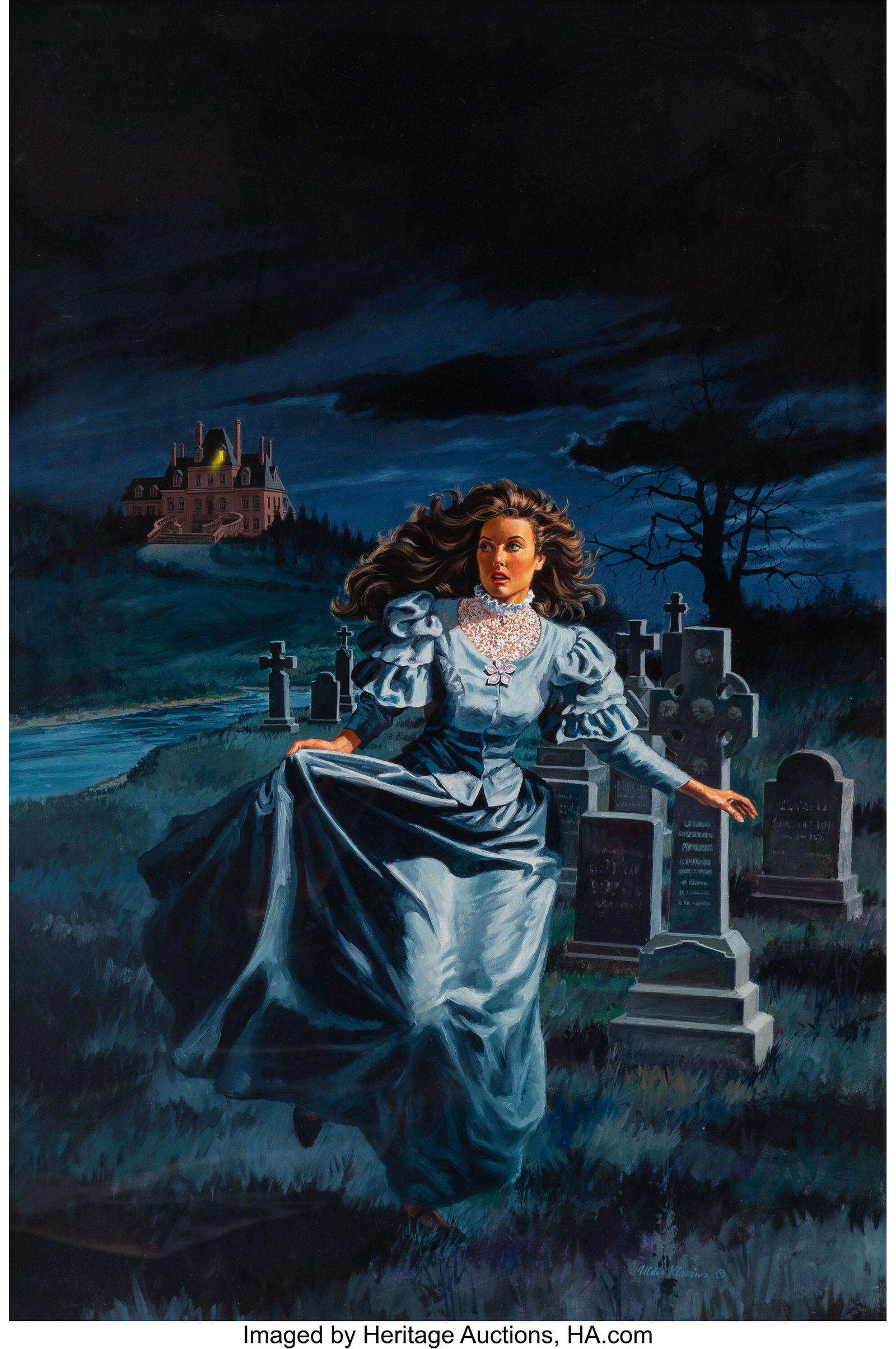 Uldis Klavins (American, 1932-1984) The Periwink: Uldis Klavins (American, 1932-1984) The Periwinkle Brooch paperback cover, 1989 Oil on board 38-1/2 x 26 inches (97.8 x 66.0 cm) (sight) Sig