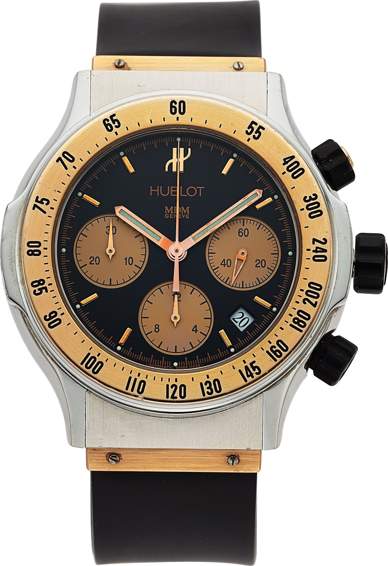 Hublot Super B, Ref. 1920.7, with Card Case: 42: Hublot Super B, Ref. 1920.7, with Card Case: 42 mm, steel and 18k rose gold, three body, 8 screw case back, screw-down crown, timer,