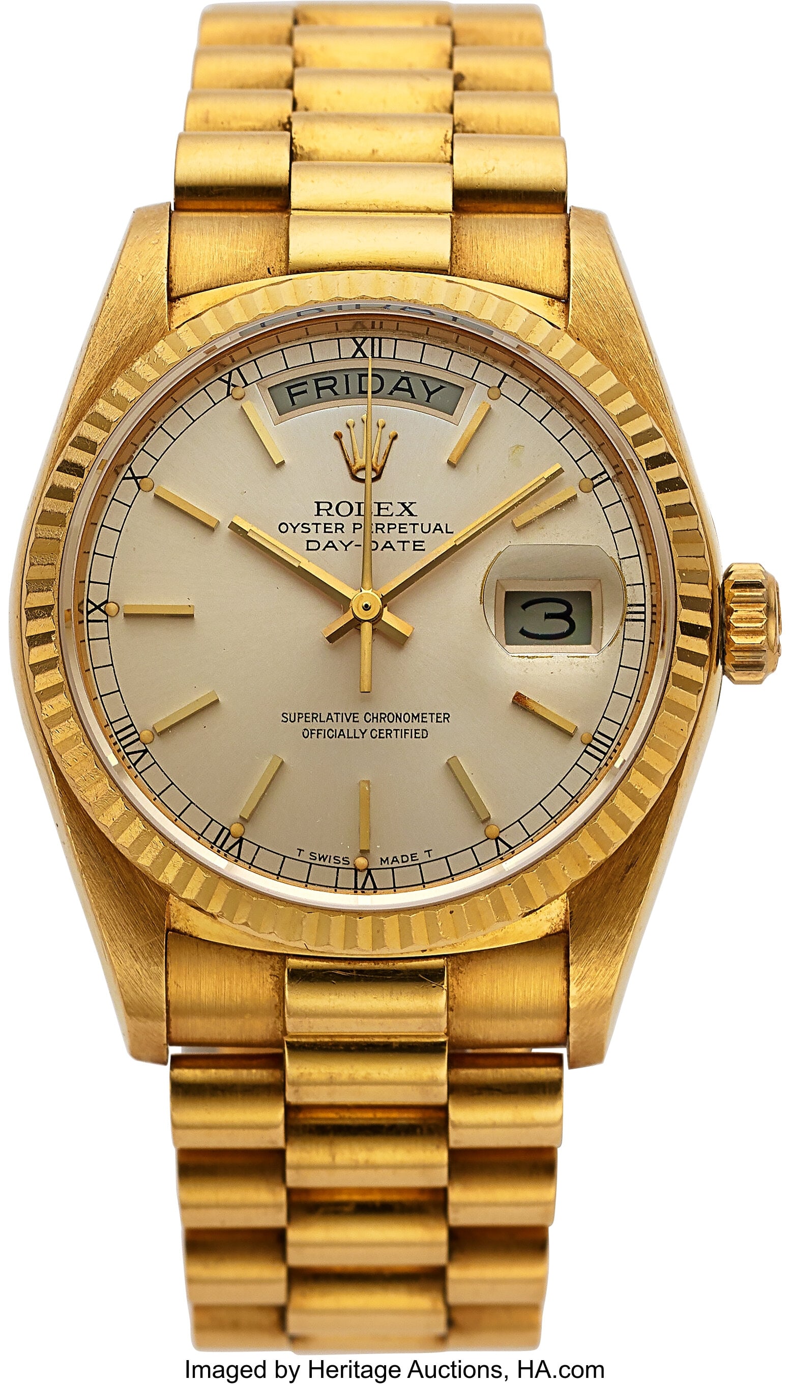 Rolex Ref. 18038 Gent's Gold Day-Date President,: Rolex Ref. 18038 Gent's Gold Day-Date President, Full Set Case: 36 mm, 18k gold, three body, screw-down case back and crown with fluted bezel, 9326716 Dial&c