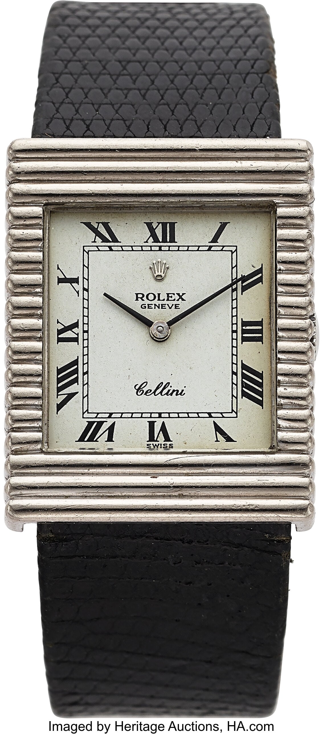 Rolex Cellini 18k White Gold Wristwatch Case: 2: Rolex Cellini 18k White Gold Wristwatch Case: 25mm x 32mm, 18K white gold, two body Dial: white dial with black Roman numerals, black baton hands Movement: manual w