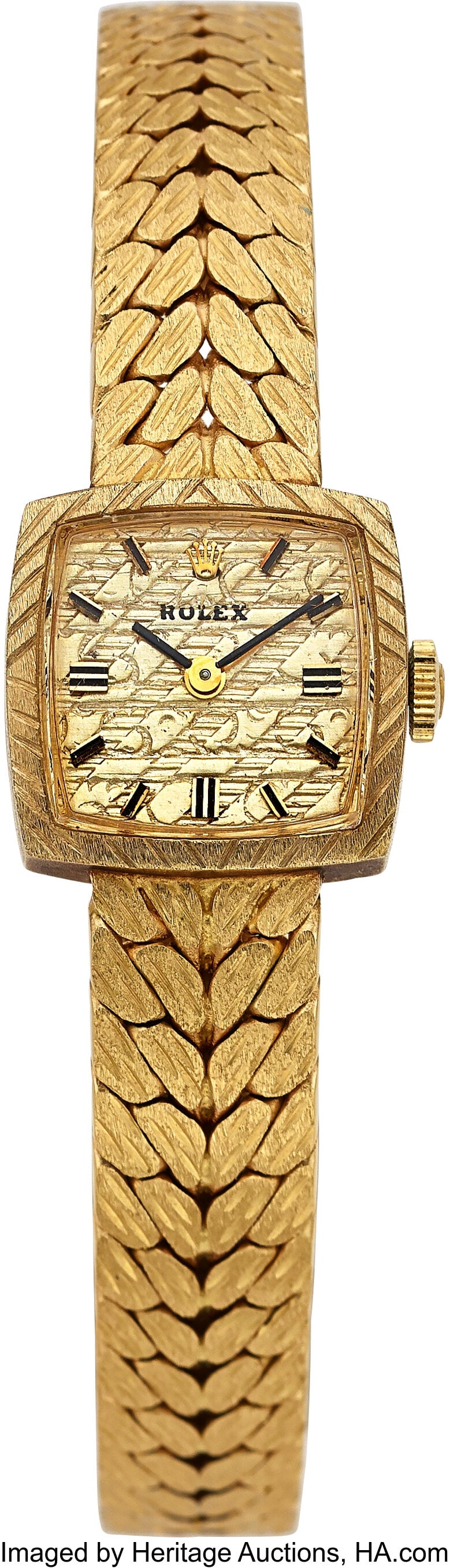 Rolex 14K Solid Gold Lady's Bracelet Wristwatch: Rolex 14K Solid Gold Lady's Bracelet Wristwatch Case: 17 mm, 14K gold, three body with push-pull crown Dial: gold horizontal striped dial with gold bar hour indexes and the cla