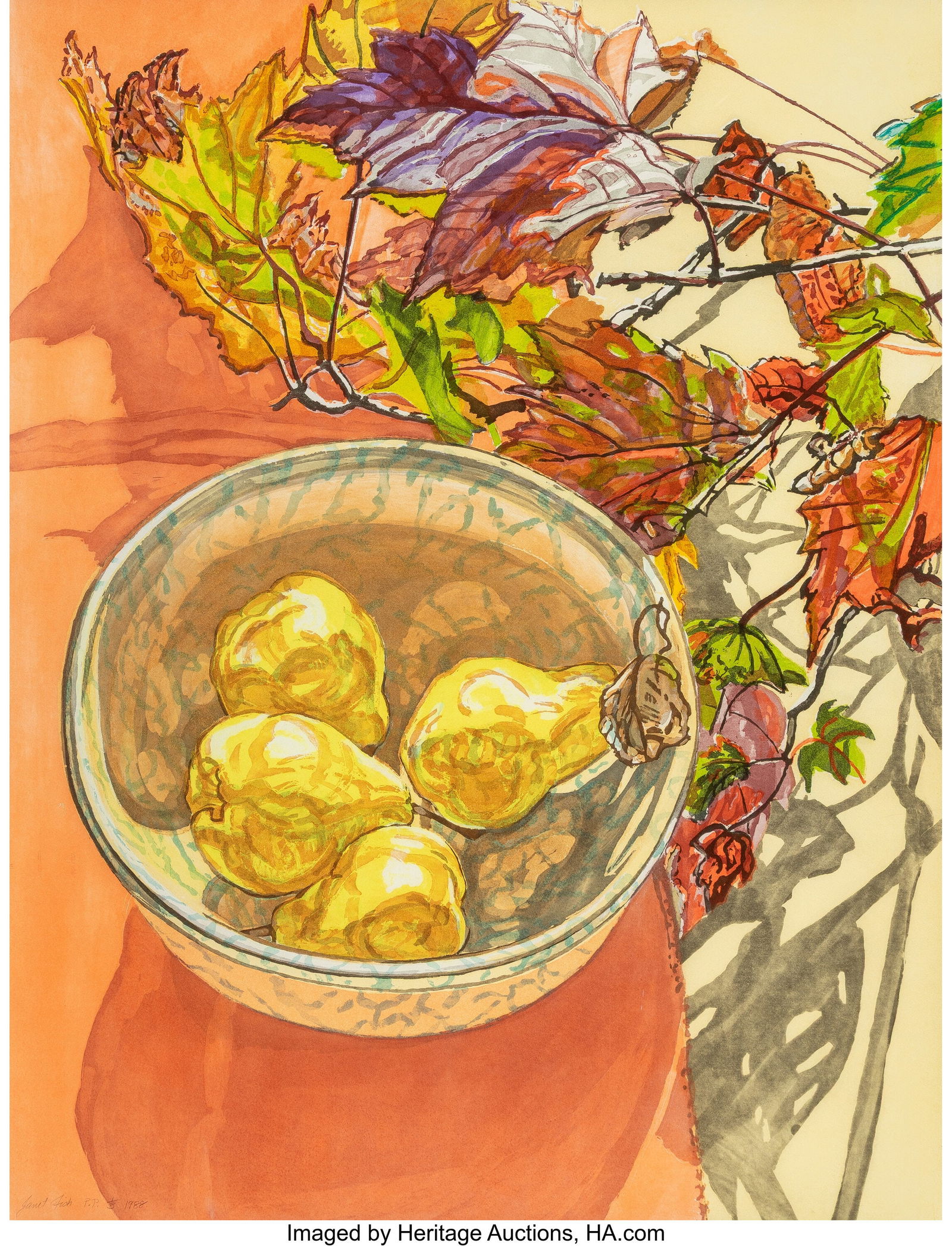 Janet Fish (b. 1938) Pear with Autumn Leaves, 19: Janet Fish (b. 1938) Pear with Autumn Leaves, 1988 Lithograph in color on wove paper 38-1/2 x 31-1/4 inches (97.8 x 79.4 cm) (sheet) P&
