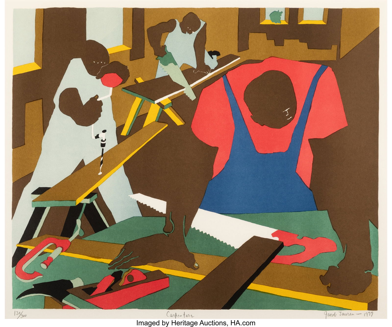 Jacob Lawrence (1917-2000) Carpenters, 1977 Offs: Jacob Lawrence (1917-2000) Carpenters, 1977 Offset lithograph in colors on B.F.K. Rives paper 19-1/8 x 23-1/8 inches (48.6 x 58.7 cm&rpa