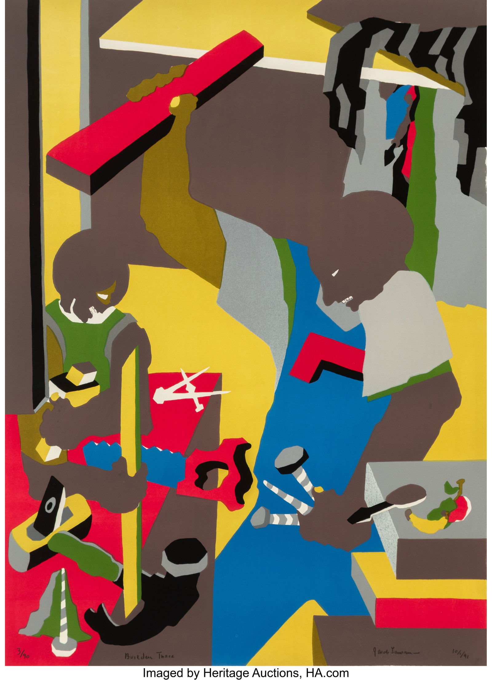 Jacob Lawrence (1917-2000) Builders Three, 1991: Jacob Lawrence (1917-2000) Builders Three, 1991 Offset lithograph in colors on Arches paper 30 x 22 inches (76.2 x 55.9 cm) (sheet) Ed. 3/9