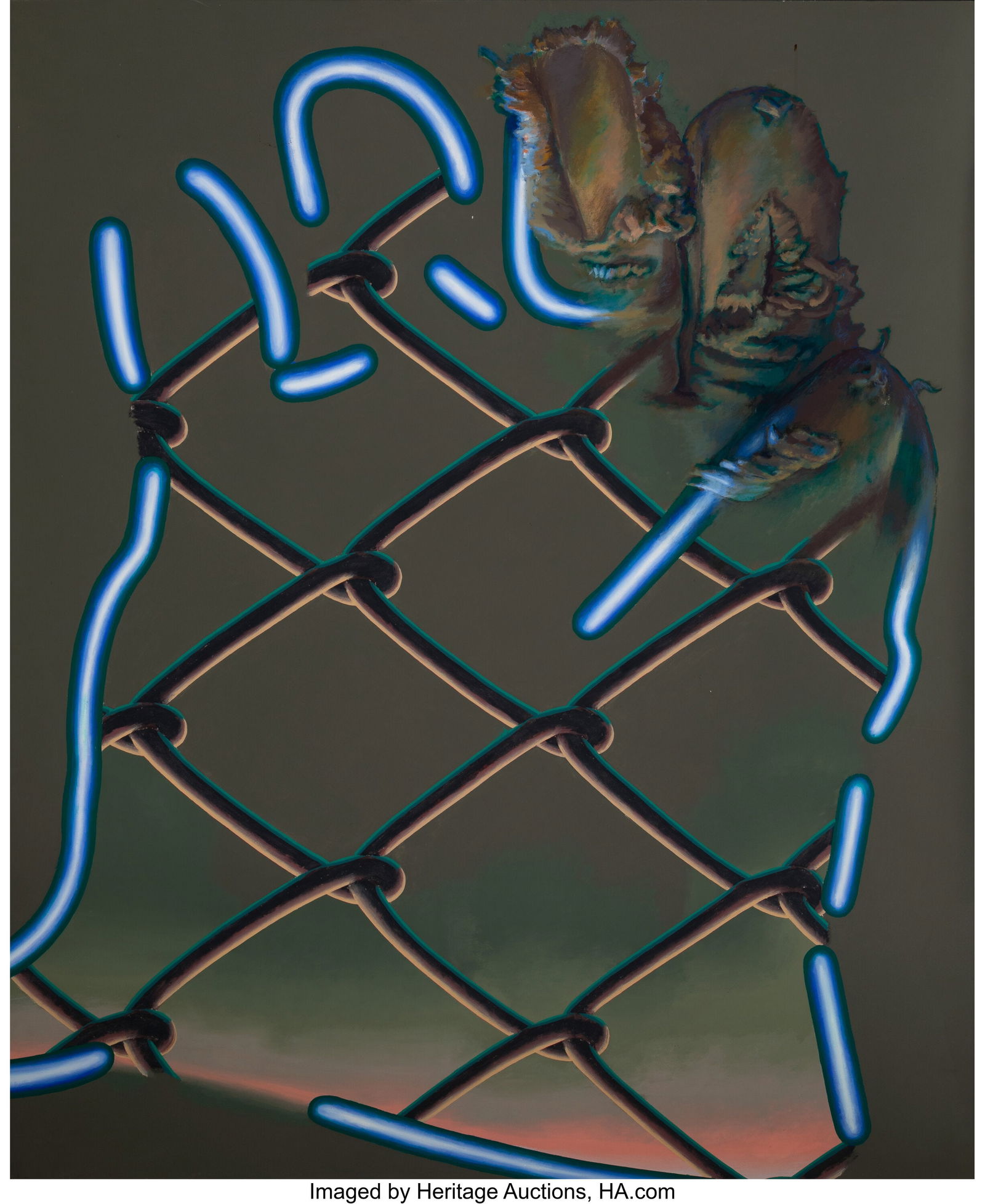 Fred Gutzeit (b. 1940) Neon Line & Chine Link Wo: Fred Gutzeit (b. 1940) Neon Line & Chine Link Work Gloves, 1972 Acrylic on canvas 77 x 64 inches (195.6 x 162.6 cm) Signed and dated on the reverse f