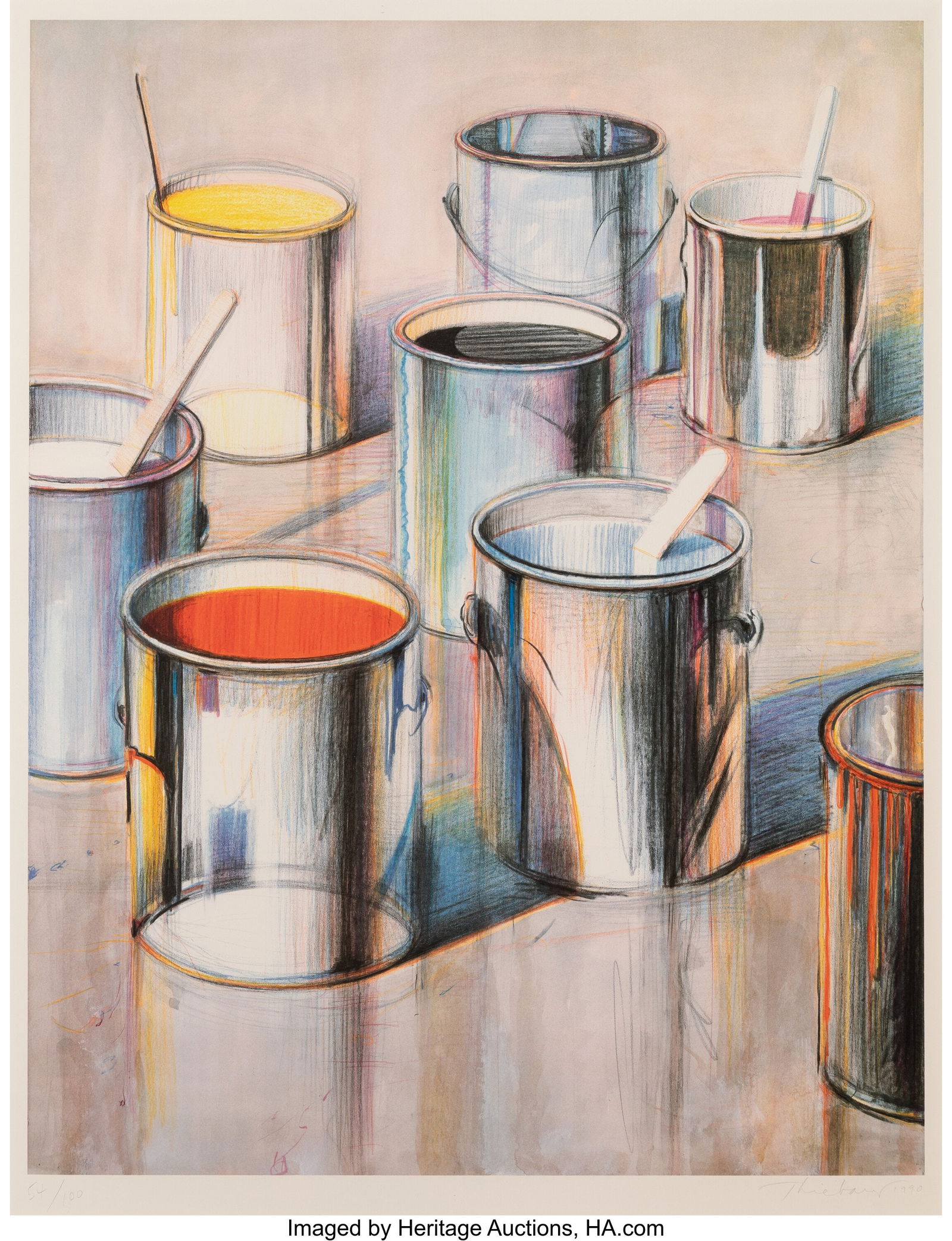 Wayne Thiebaud (1920-2021) Paint Cans, 1990 Lith: Wayne Thiebaud (1920-2021) Paint Cans, 1990 Lithograph in colors on Arches paper 38-3/4 x 29-1/4 inches (98.4 x 74.3 cm) (sheet) Ed. 54