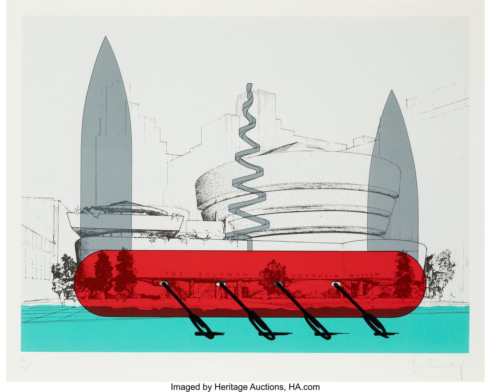 Claes Oldenburg (1929-2022) Knife Ship Superimpo: Claes Oldenburg (1929-2022) Knife Ship Superimposed on the Solomon R. Guggenheim Museum, 1986 Screenprint in colors on Coventry Rag paper 24-1/2 x 30-1/2 inches (62