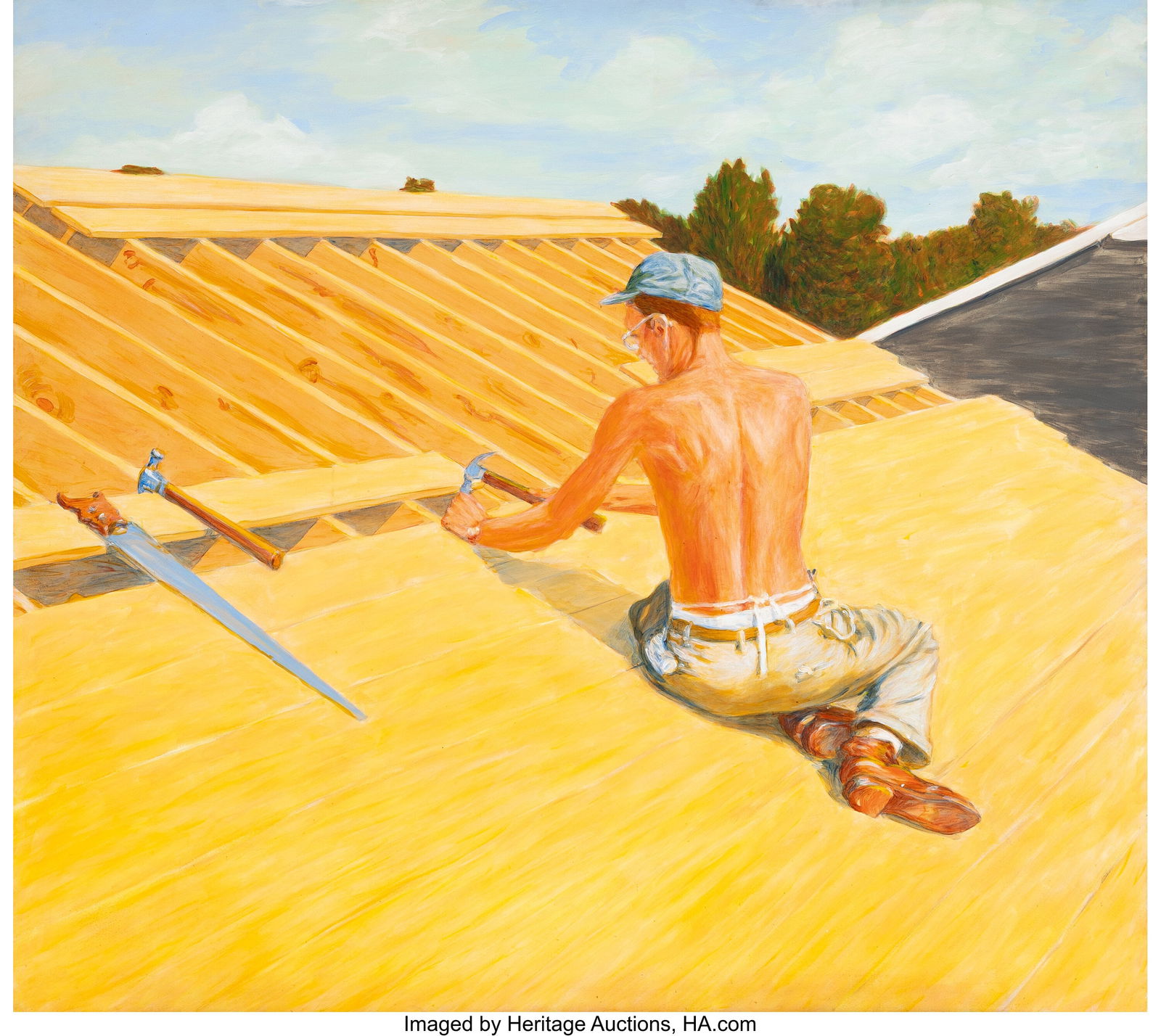 Greg Drasler (b. 1952) Roofer from Jobs in Heave: Greg Drasler (b. 1952) Roofer from Jobs in Heaven series, 1984 Acrylic on canvas 52 x 58 inches (132.1 x 147.3 cm) Property from the Hechinger Collection