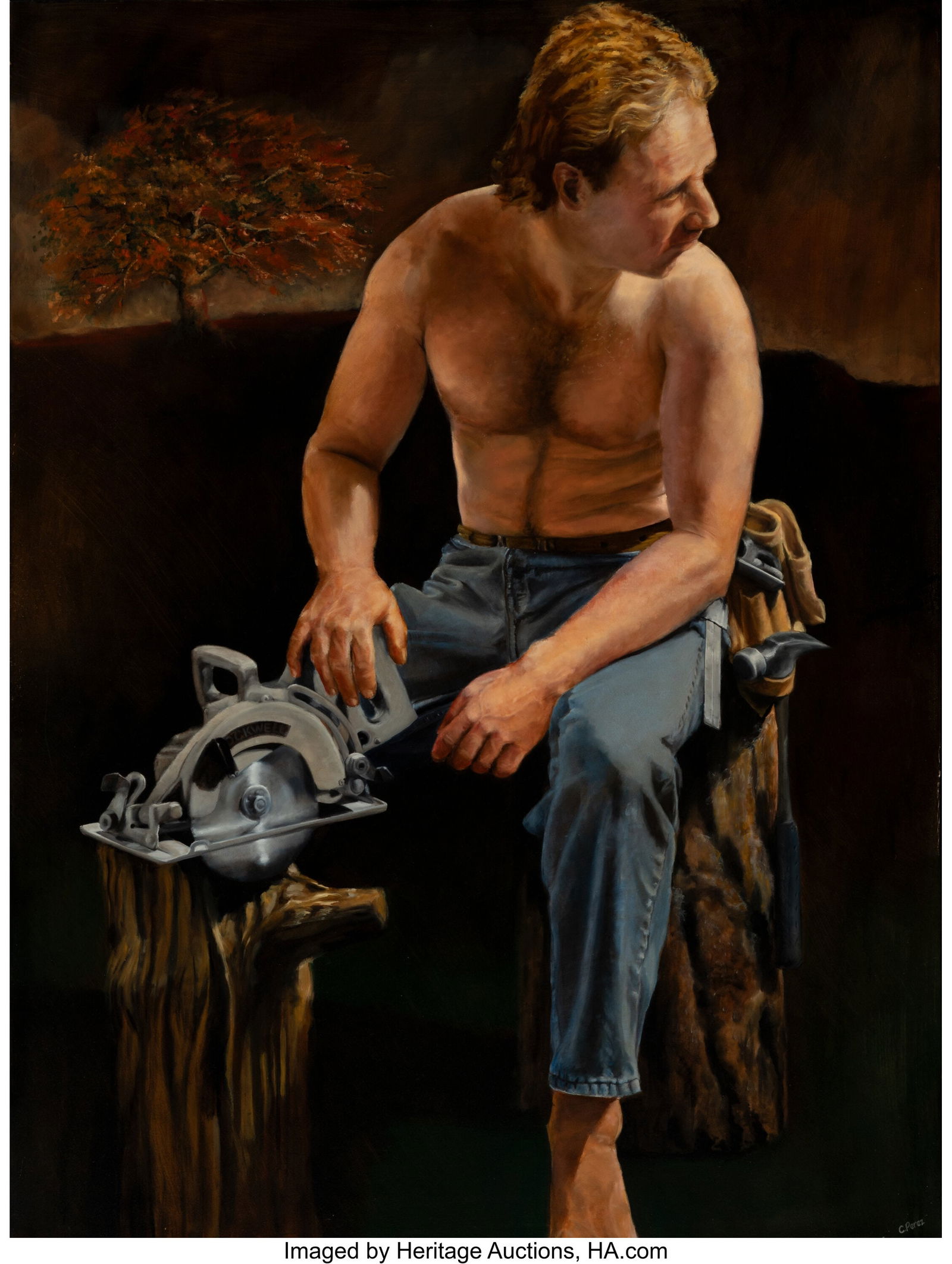 Carlos Raul Perez (b. 1953) The Carpenter, 1988: Carlos Raul Perez (b. 1953) The Carpenter, 1988 Oil on canvas 64 x 48 inches (162.6 x 121.9 cm) Signed lower right: C.Perez Signed and dated
