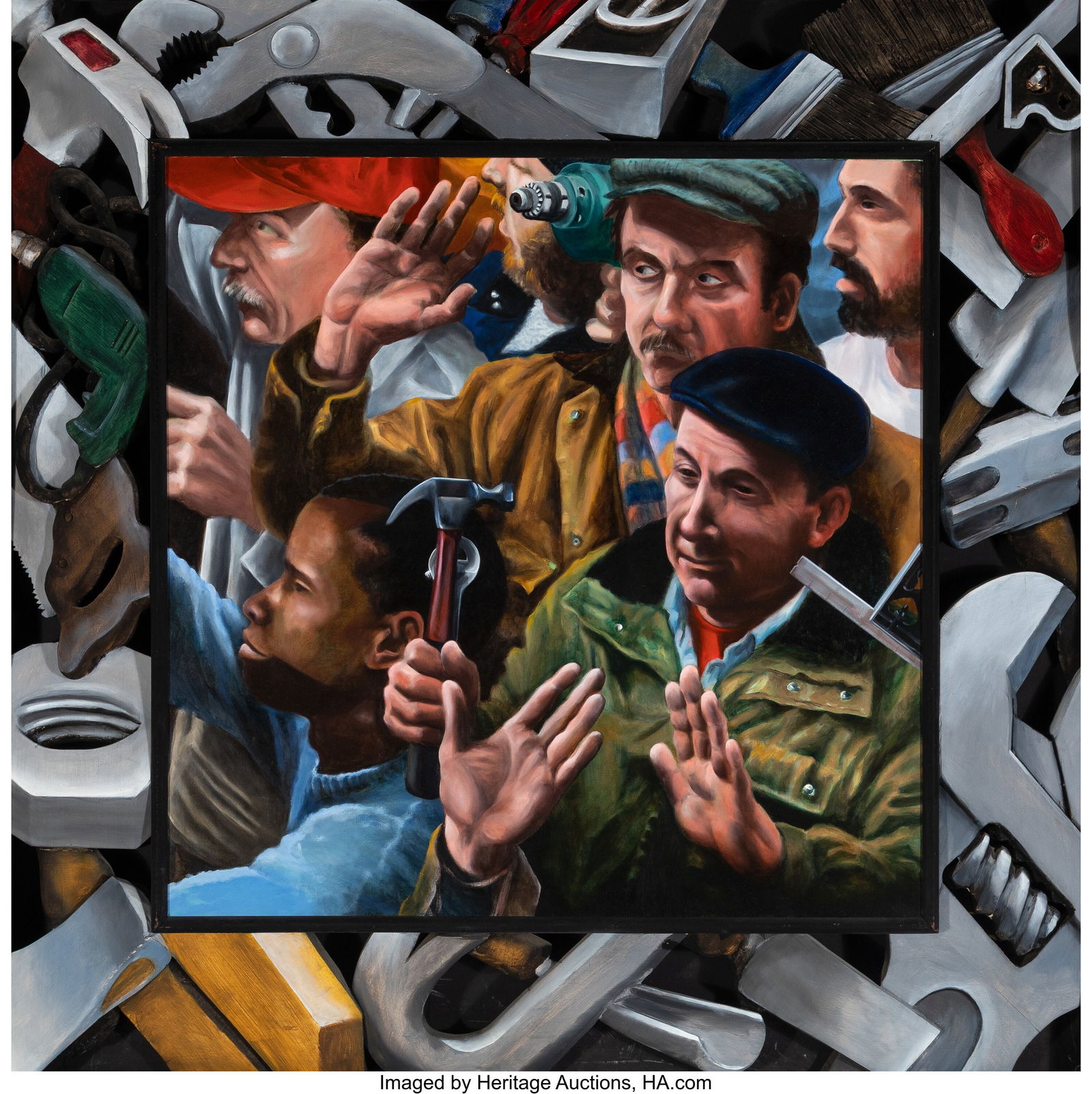 Ed McGowin (b. 1938) Workers Waving Goodbye, 199: Ed McGowin (b. 1938) Workers Waving Goodbye, 1991 Oil on canvas with hand painted frame 35 x 35 inches (88.9 x 88.9 cm) Signed, dated, and ti