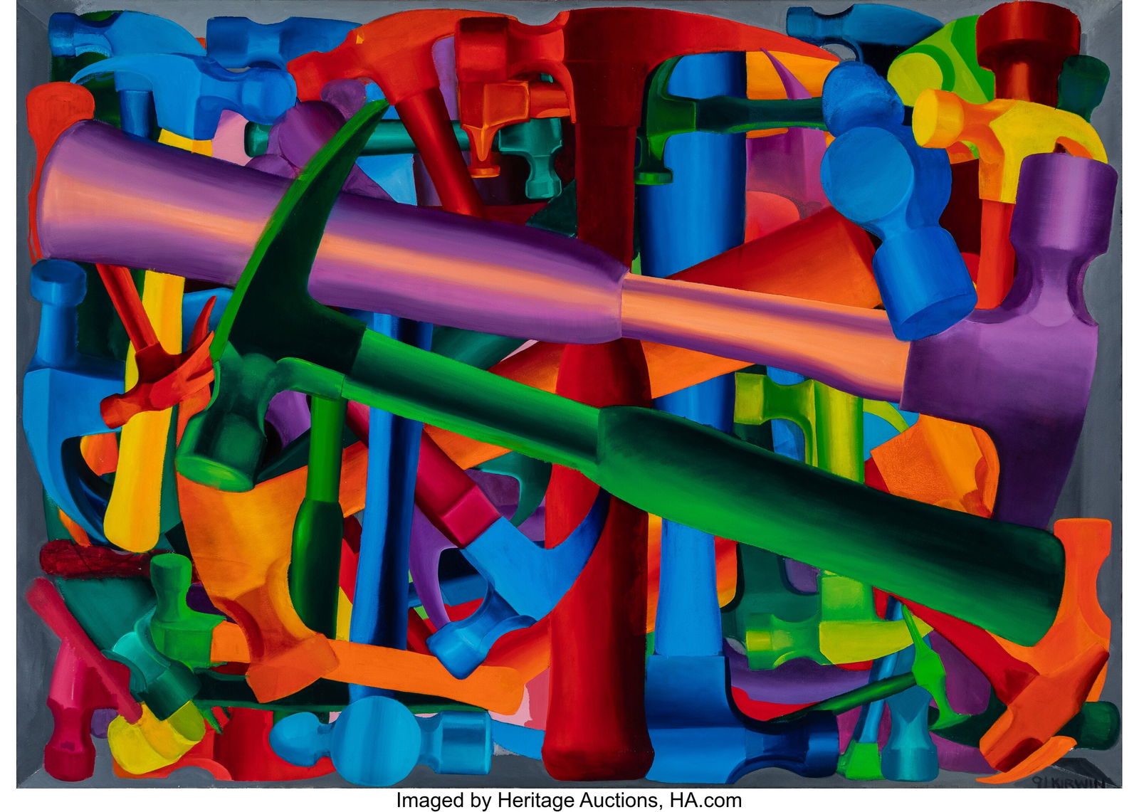 Patrick Kirwin (b. 1959) Hammers Inside, 1991 Oi: Patrick Kirwin (b. 1959) Hammers Inside, 1991 Oil on canvas 60 x 84 inches (152.4 x 213.4 cm) Signed and dated lower right: 91 Kirwin Property from
