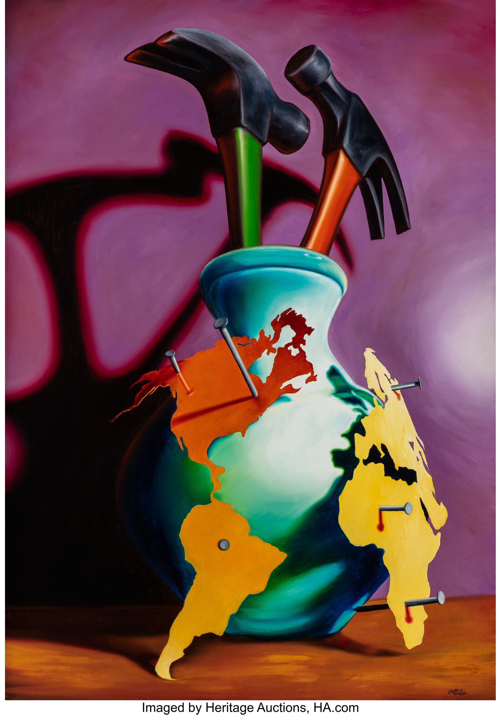 Ron English (b. 1959) The Reconstruction, 1992 O: Ron English (b. 1959) The Reconstruction, 1992 Oil on canvas with artist's frame 48 x 34 inches (121.9 x 86.4 cm) Signed lower right: ENGLISH Signe