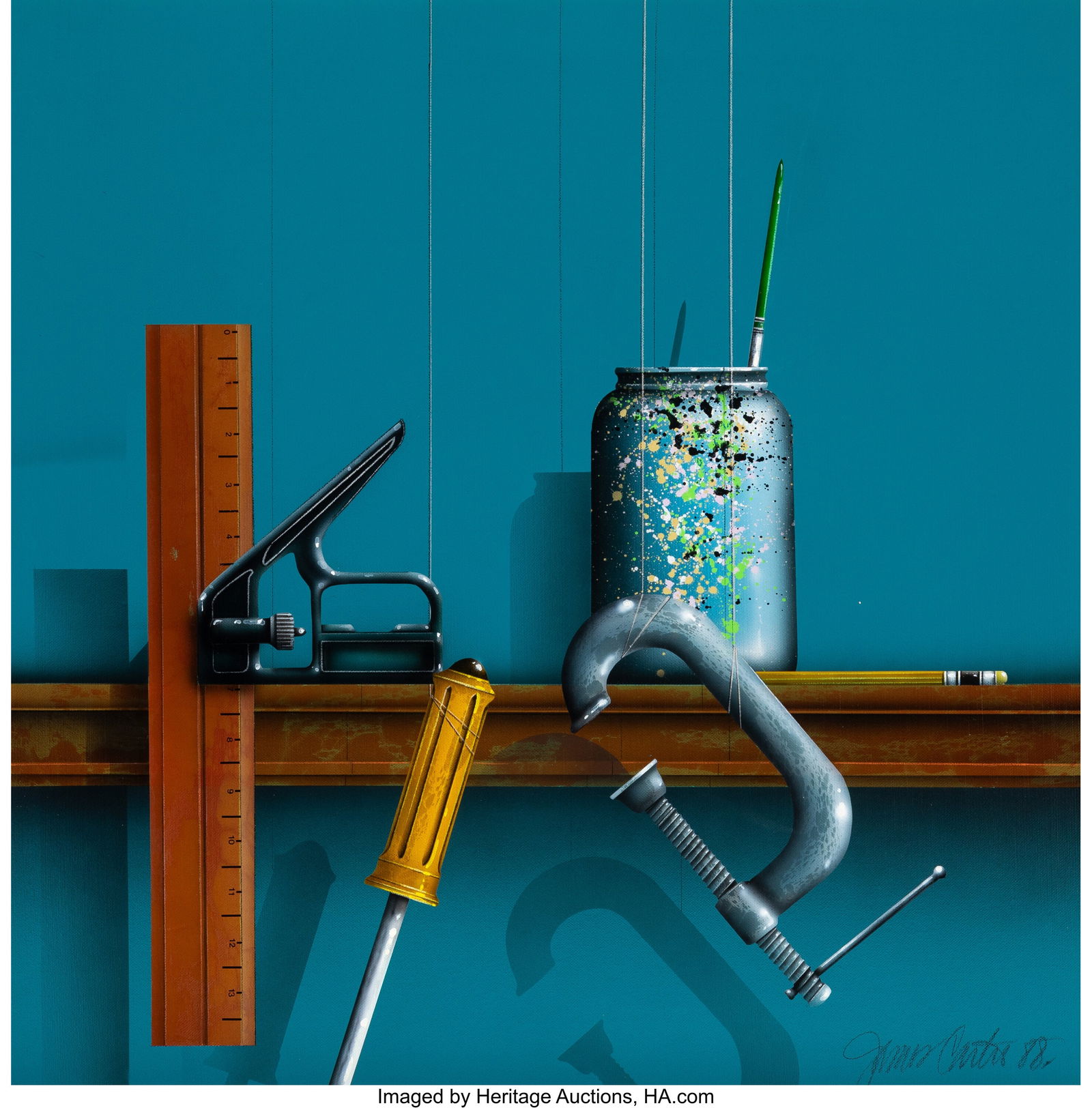 James Carter (b. 1948) Paint Can & Tools, 1988 A: James Carter (b. 1948) Paint Can & Tools, 1988 Acrylic on canvas with artist's frame 22 x 22 inches (55.9 x 55.9 cm) Signed and dated lower right&col