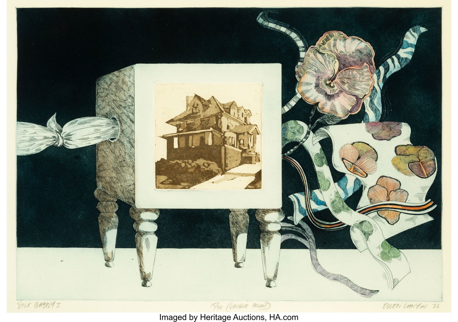 Ellen Lanyon (1926-2013) Silk Cabby I, 1972 Etch: Ellen Lanyon (1926-2013) Silk Cabby I, 1972 Etching with handcoloring on wove paper 19 x 27 inches (48.3 x 68.6 cm) (sight) Ed. 15/40 Signe