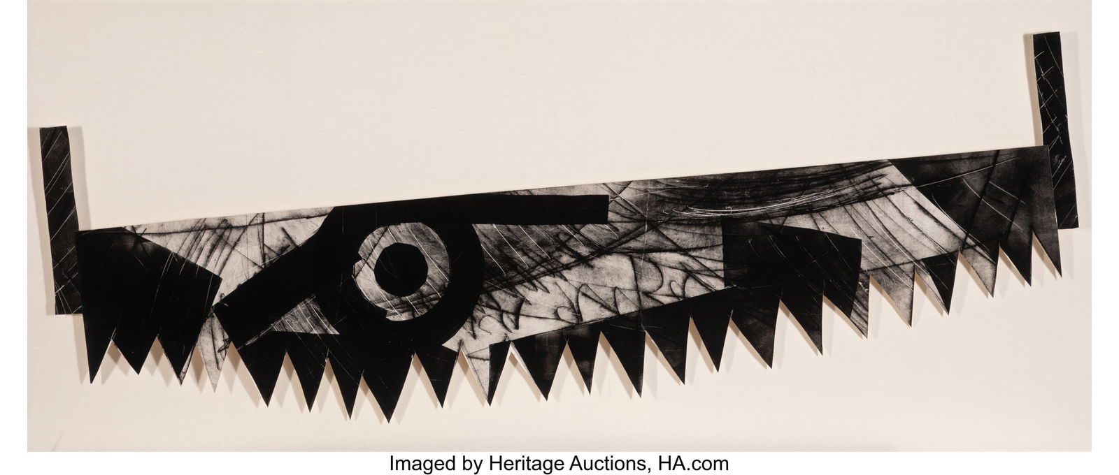 Oleg Kudryashov (1932-2022) Two-Hand Saw, 1979 D: Oleg Kudryashov (1932-2022) Two-Hand Saw, 1979 Drypoint on wove paper, hand-cut and laid on foam core, three-dimensional 24 x 72 inches (61.0 x 182.9 cm) (overall) Property from the Hechinger Collecti