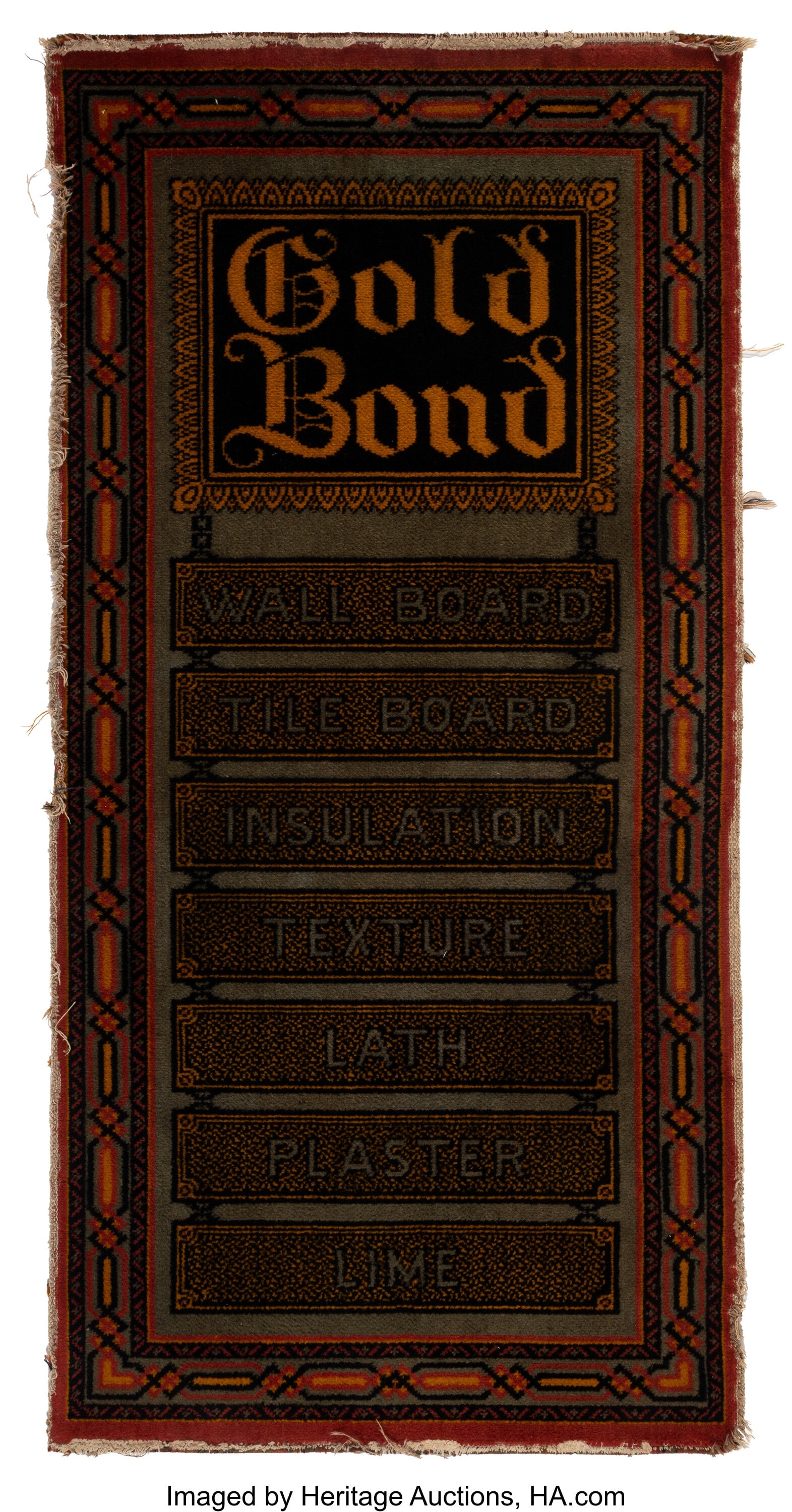 Unknown Artist (20th Century) Gold Bond Hardware: Unknown Artist (20th Century) Gold Bond Hardware Rug Woven carpet 53-1/2 x 26 inches (135.9 x 66.0 cm) Property from the Hechinger Collection HID03101062020 ©