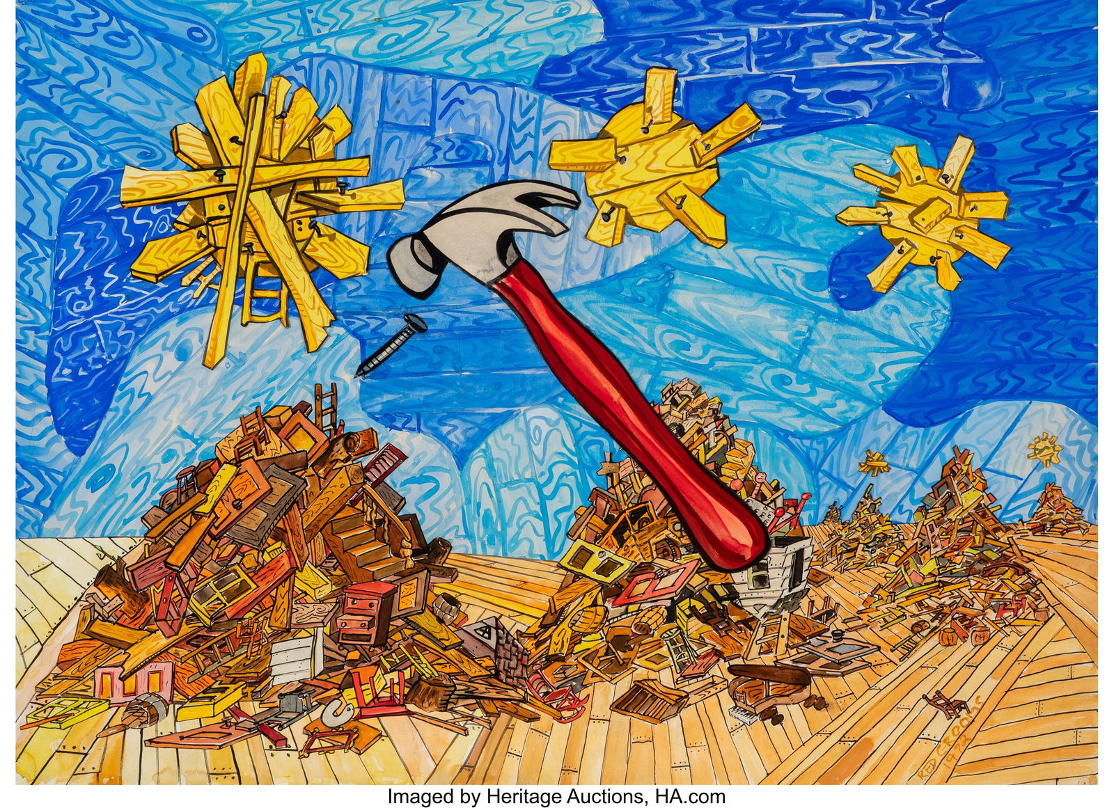 Red Grooms (b. 1937) I Nailed Wooden Suns to Woo: Red Grooms (b. 1937) I Nailed Wooden Suns to Wooden Skies, 1972 Watercolor and collage on paper 21-1/2 x 31 inches (54.6 x 78.7 cm) (sheet)