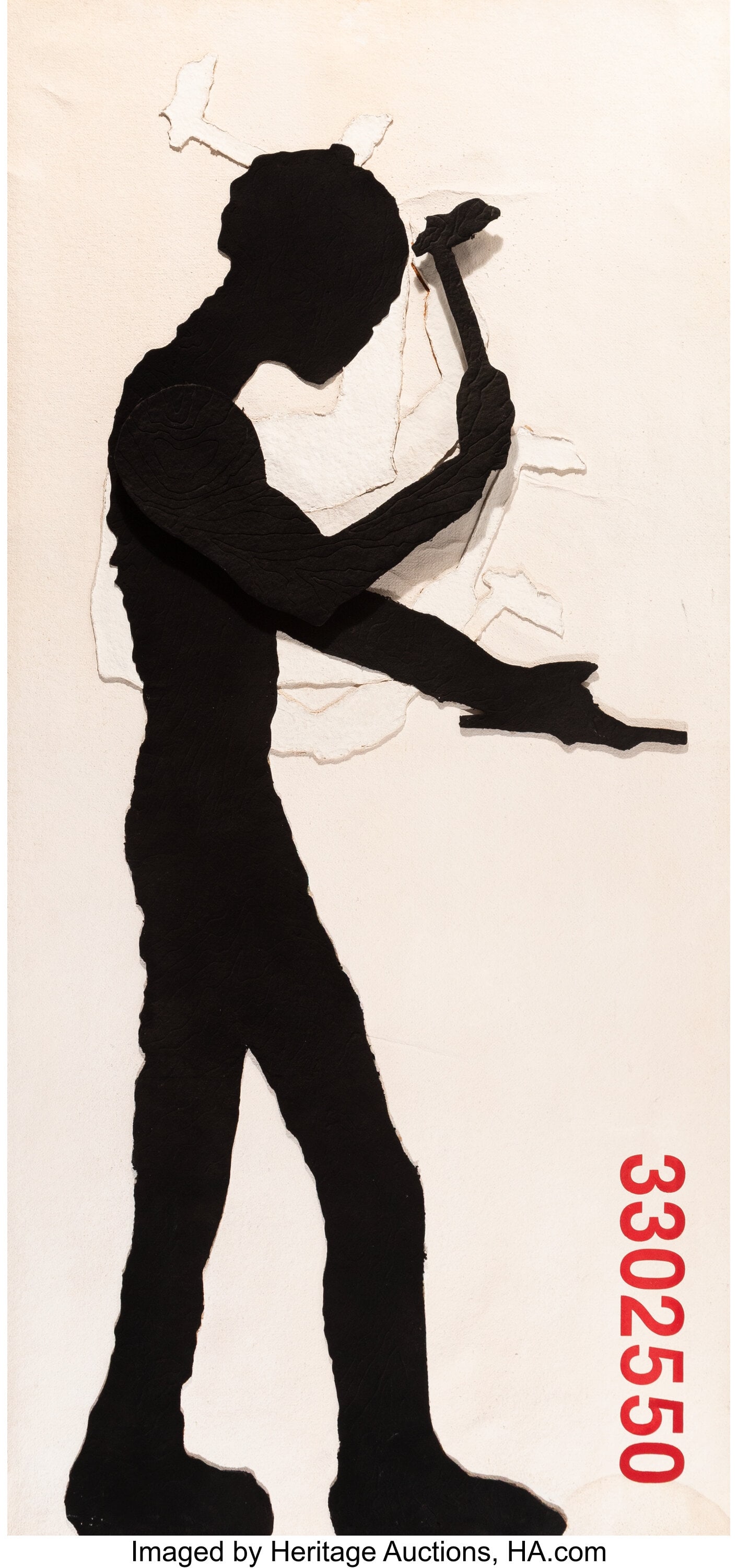 Jonathan Borofsky (b. 1942) Hammering Man at No.: Jonathan Borofsky (b. 1942) Hammering Man at No.33025, 1991 Cast paper with collage and screenprint in colors on handmade paper in artist's frame 142 x 67-1/2 inches