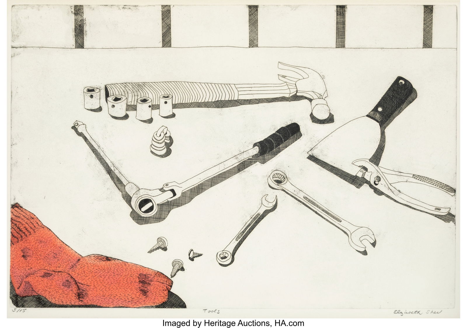 Elizabeth Sher (b. 1943) Tools Etching in colors: Elizabeth Sher (b. 1943) Tools Etching in colors on wove paper 16 x 23 inches (40.6 x 58.4 cm) (sight) Ed. 5/15 Signed,