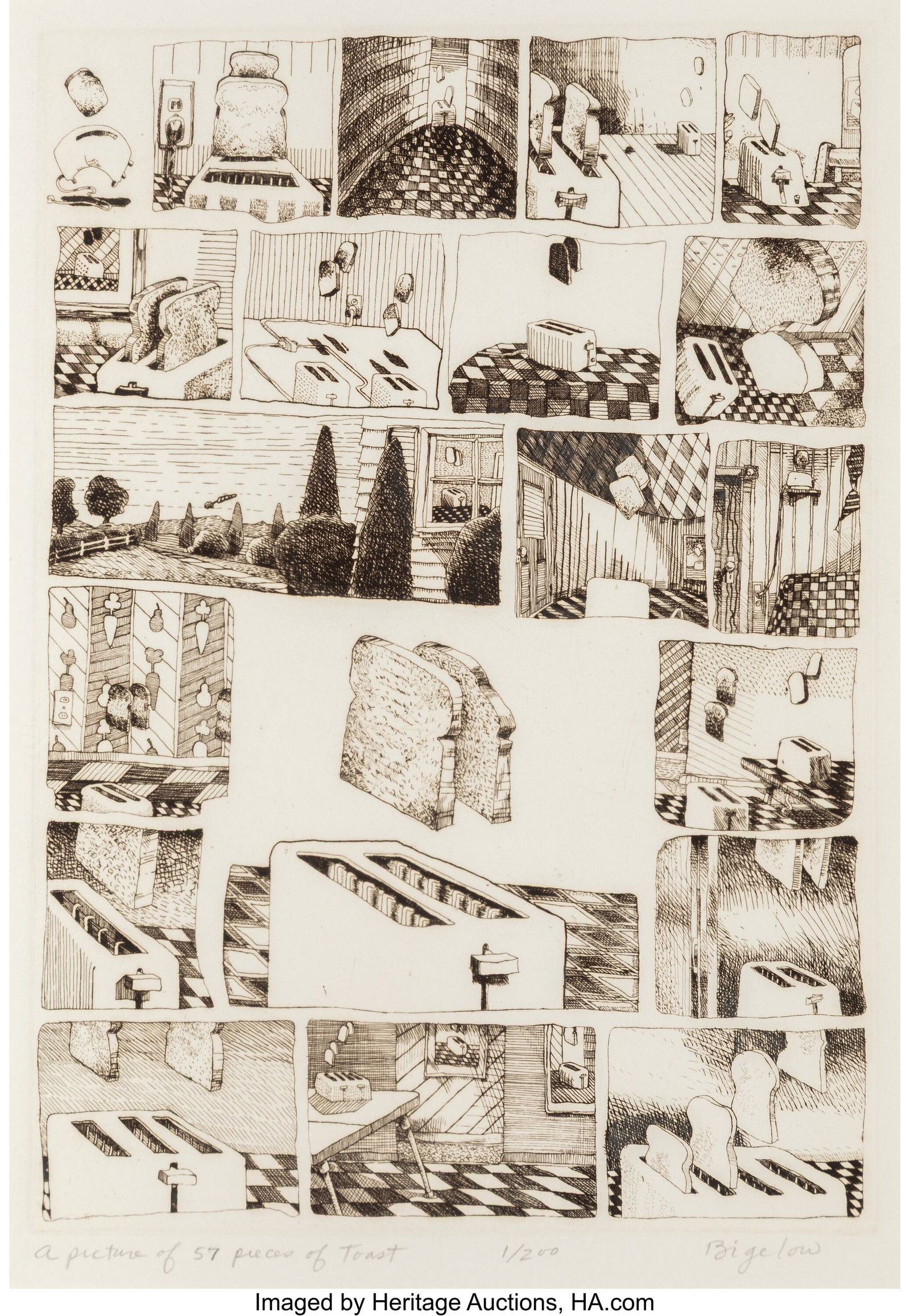 David Bigelow (b. 1949) 57 Pieces of Toast, 1981: David Bigelow (b. 1949) 57 Pieces of Toast, 1981 Etching on wove paper 14 x 9-1/2 inches (35.6 x 24.1 cm) (sight) Ed. 1/200